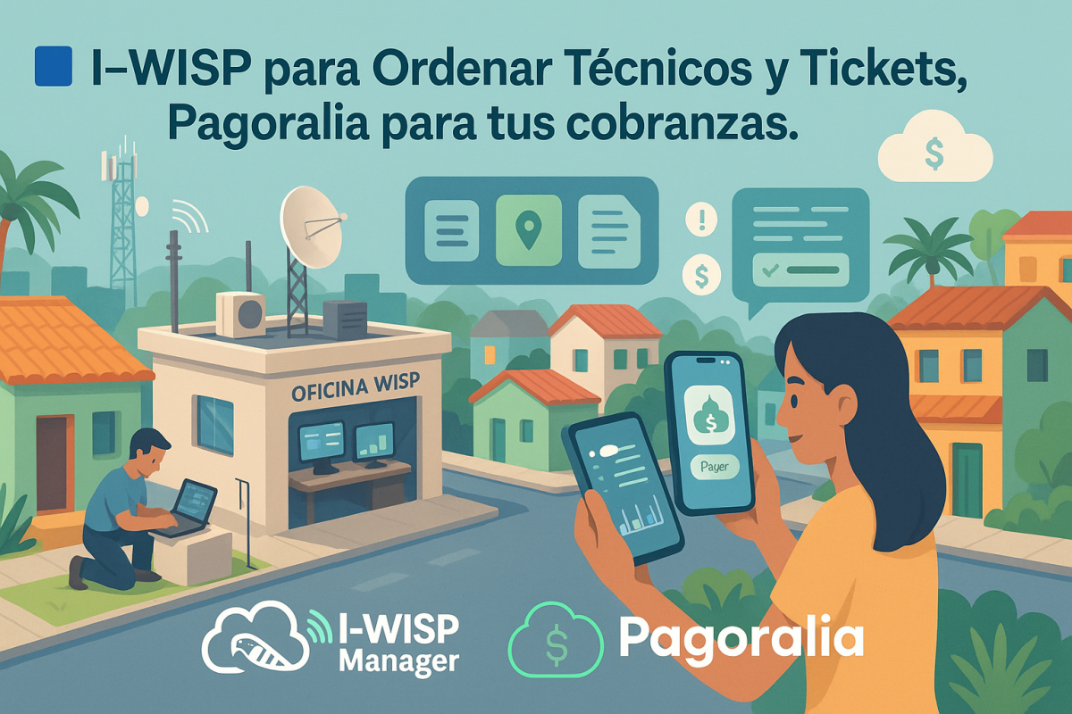 Ilustración isométrica de un proveedor de internet WISP con logos de i-WISP Manager y Pagoralia.