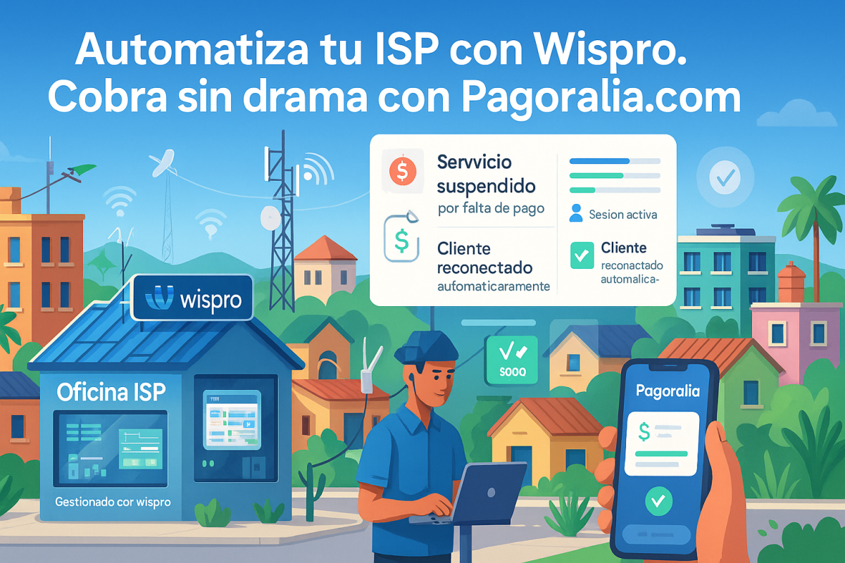 Ilustración isométrica mostrando cómo un ISP en Latinoamérica automatiza su operación con Wispro y gestiona los pagos con Pagoralia.com.