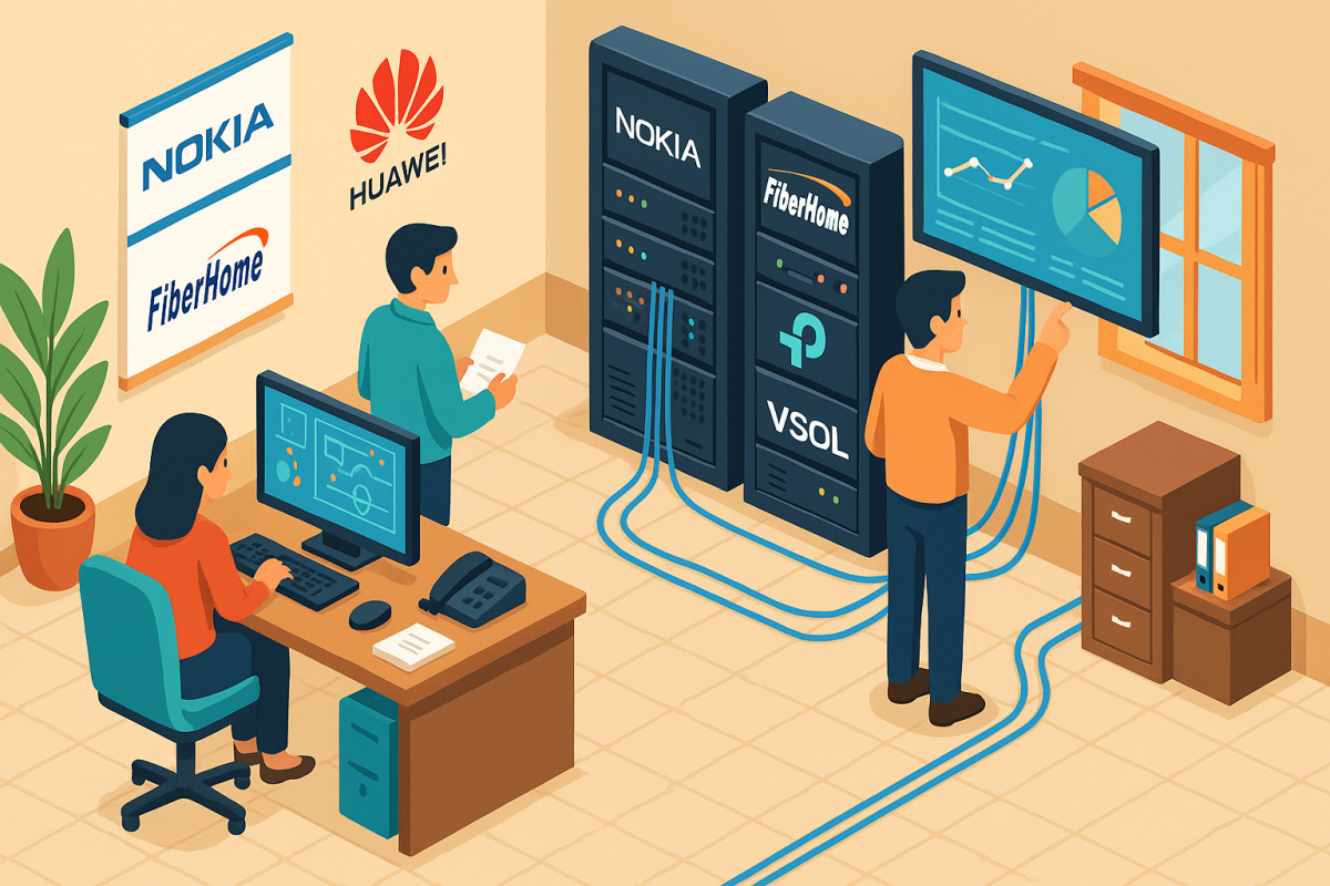 Ilustración isométrica 3D con racks de OLTs de Nokia, Huawei, FiberHome, TP-Link y VSOL en un escenario de administración de red para ISPs en México.